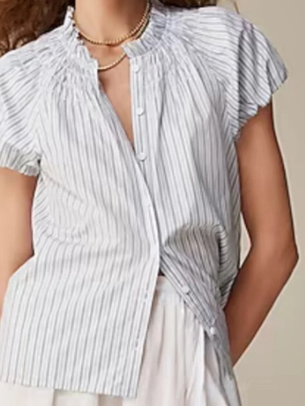 NWT J. Crew Smocked-Neck Striped Poplin Top, White/Blue, Medium - Picture 2 of 11